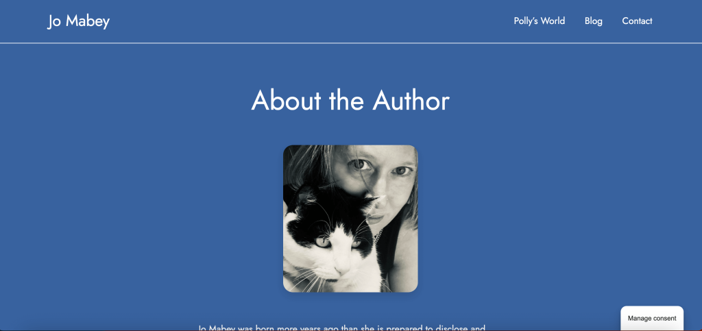 Homepage of Jo Mabey website showing the picture of Jo and her cat Mr Tom