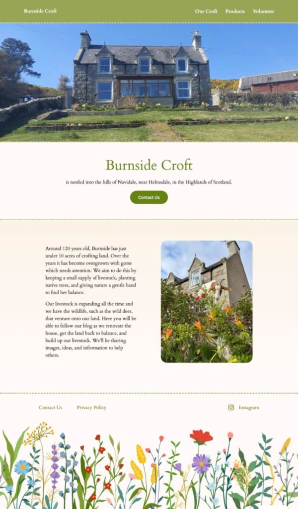 Picture of Burnside Croft website showing their croft in the Highlands, Scotland.