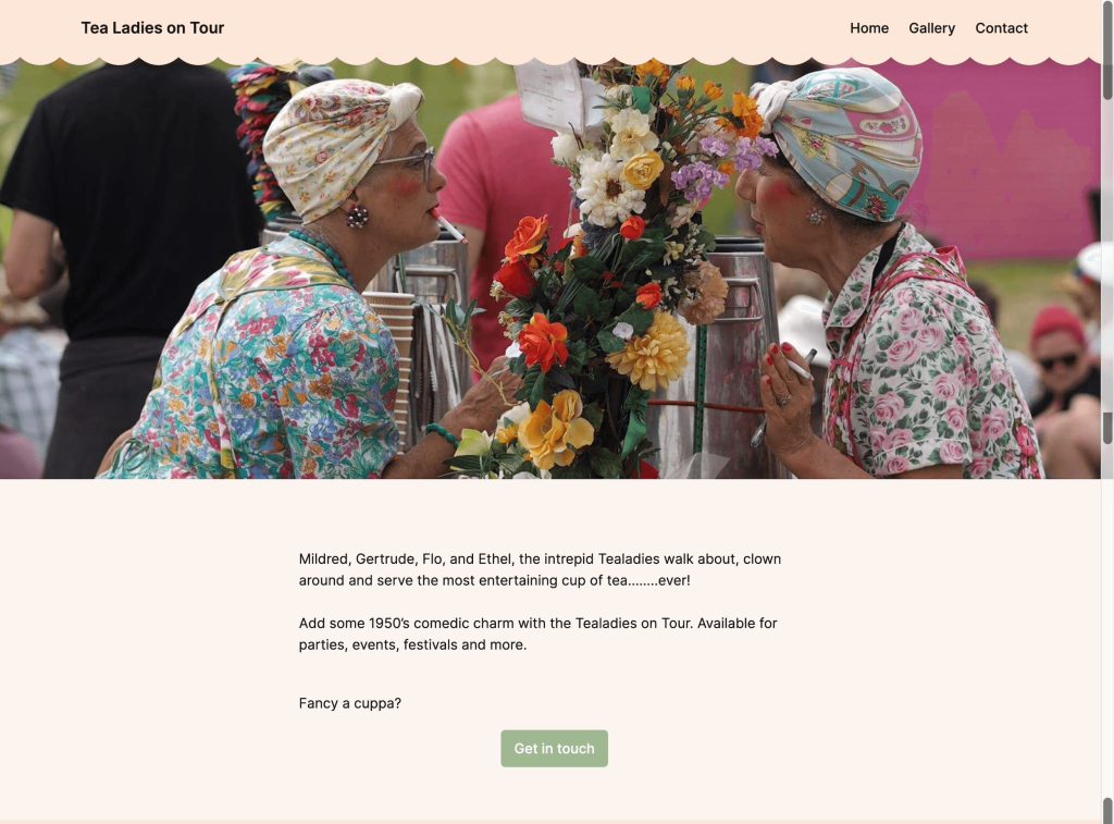 Screenshot of Tea Ladies website with Mildred and Flo gossiping at the  tea trolley.